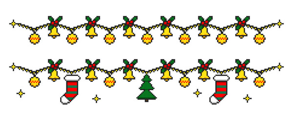 Pixel Christmas decorations, festive garland in pixel style. Pixel style holiday garland.