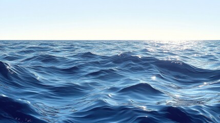 Blue ocean waves with sun reflecting off surface.