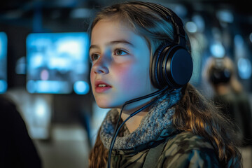 Curious students explore an interactive exhibit while wearing headphones