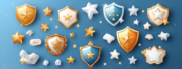 A collection of golden and silver shields and stars on a blue background, representing security and achievement in a modern, artistic style.