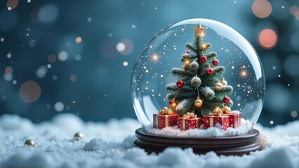 A snow globe with a Christmas Tree and Presents Inside, evening lights. Christmas or New Year winter postcard, horizontal, closeup