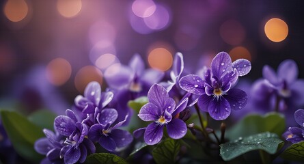 A cluster of purple violets on a sparkling surface with a dreamy bokeh background, creating a soft,...