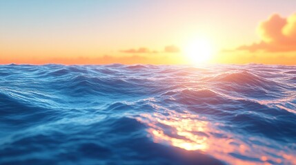 Fototapeta premium Calm blue ocean waves at sunset with a golden sky.