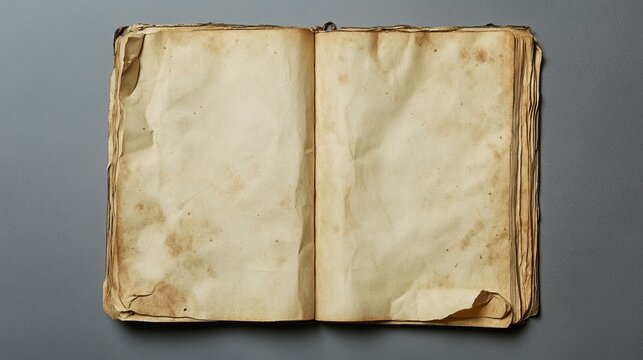 Blank notebook with empty pages on gray background, top view. Template for design