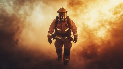 Naklejka premium Courageous firefighter in full gear and respirator navigating through smoke filled hazards