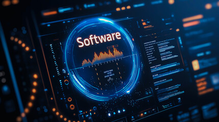 Futuristic digital interface featuring software analytics and data visualization with glowing elements and complex patterns, highlighting modern tech advancements and innovation.