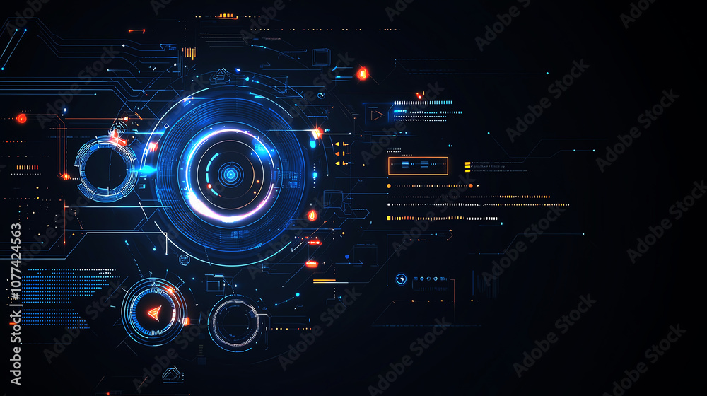 Poster futuristic digital interface with glowing elements and complex data patterns on a dark background. i