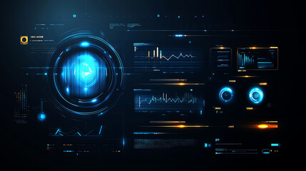 Fototapeta premium Futuristic digital interface with glowing blue elements and data graphs