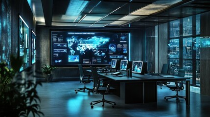 Futuristic Cyber Security Control Room with World Map Display