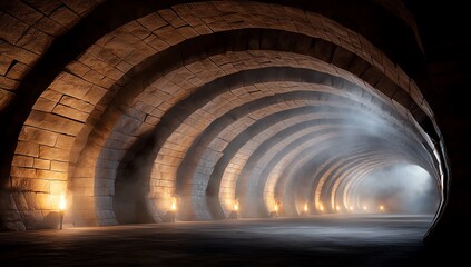 Majestic stone archway tunnel illuminated by torches, with mystical light beams creating a serene atmosphere in an ancient subterranean passage.
