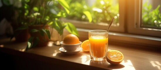 Glass of Orange Juice with Oranges on a Windowsill