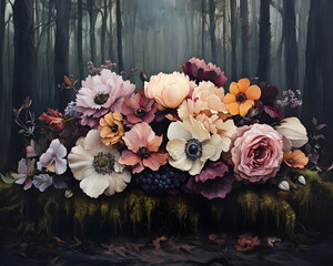 Flowers on a dark background of forest and trees, oil painting. Photo wallpaper with bright flowers. Wall art	