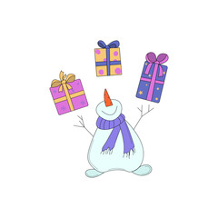 Fototapeta premium Happy snowman and gift boxes. Winter holidays greeting cards, banners, posters. Doodle vector illustration.