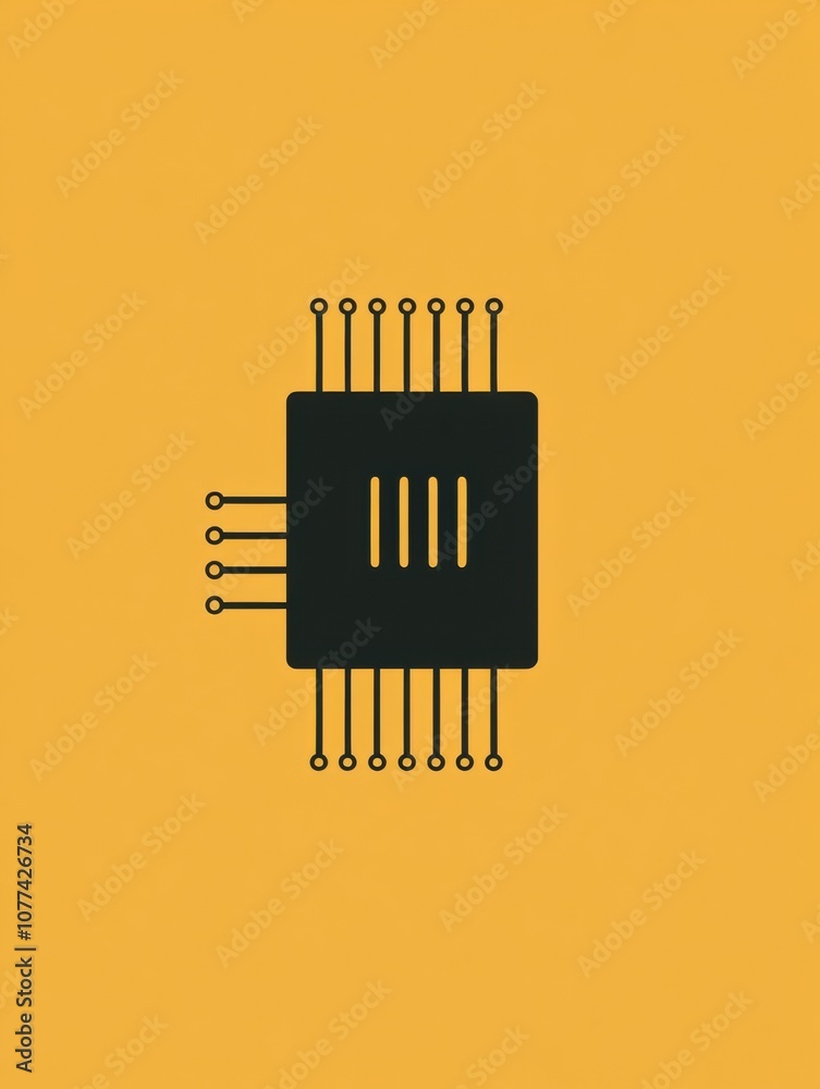Poster This graphic features a minimalist microchip design with digital traces, emphasizing technology and innovation on a bright yellow backdrop. Generative AI