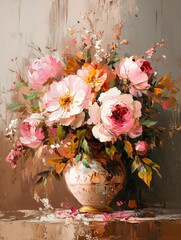Still life. Bouquet of flowers in a vase. Oil painting. Pink and white roses. Wall art. Print poster, print. Vertical format © W.O.W