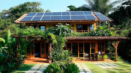 Modern eco-friendly home equipped with solar panels on the roof, surrounded by greenery and sustainable landscaping, showcasing renewable energy and sustainable living