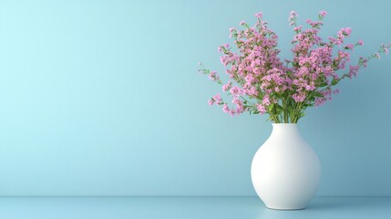 Pink Flowers in a White Vase on a Blue Background