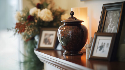 Memorial urn on mantel surrounded by framed photos and flowers
