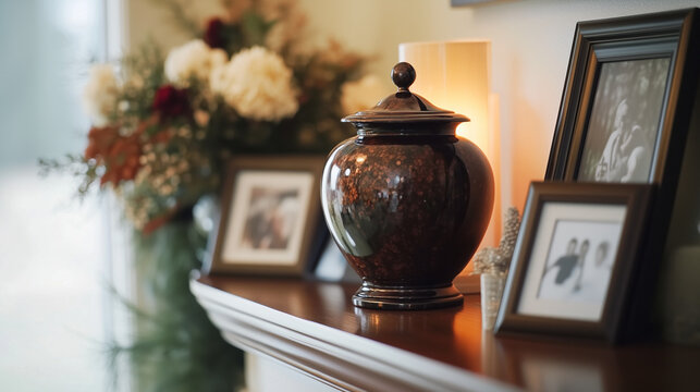  Memorial urn on mantel surrounded by framed photos and flowers