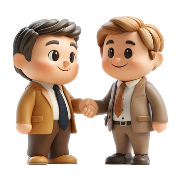 An engaging 3D animated depiction of a businessman and client exchanging a handshake in a cartoon style, set against a plain white backdrop.