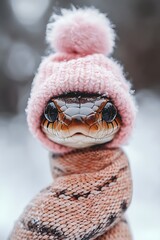 Fototapeta premium cute snake in pink knitted hat and scarf on winter background, holiday pet wallpaper, Christmas or New Year banner, dressed animal portrait, wrapped warm in cold weather, symbol 2025