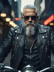 Obraz premium Older biker with a gray beard and tattoos, wearing a leather jacket and goggles, exuding a rugged and intense vibe in an urban setting. Generative AI