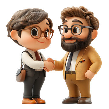 A vibrant 3D cartoon scene of a businessman and client shaking hands in a professional setting, isolated on a white background.