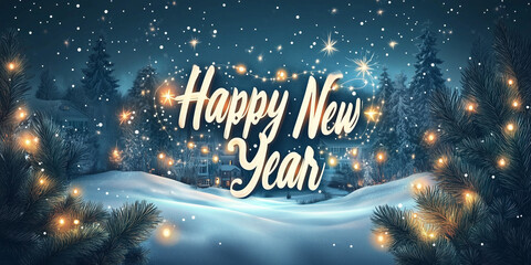 Naklejka premium Happy New Year greeting with snowy landscape and sparkling lights