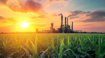 Vibrant corn field adjacent to a modern ethanol production facility in agricultural landscape