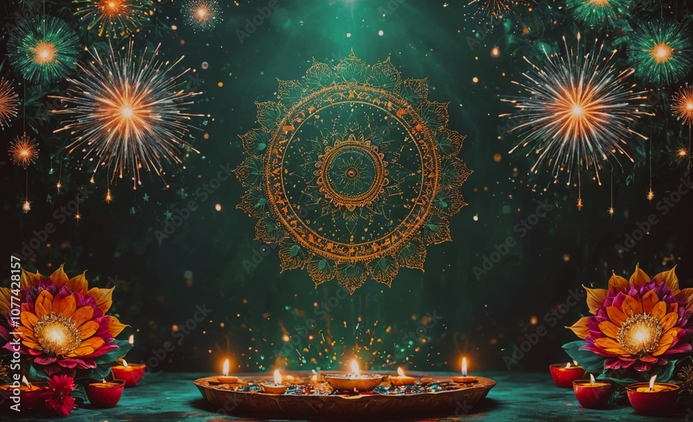 Poster green background with a large circle and fireworks in the background