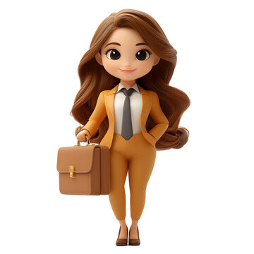 An animated 3D rendition of a professional businesswoman with a briefcase, exuding confidence as she smiles against a white backdrop.