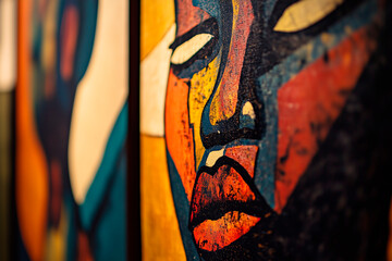 Closeup of vibrant abstract African-inspired artwork featuring expressive faces, highlighting bold colors and textures in a modern gallery setting