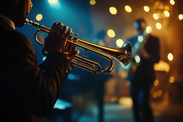 Jazz musicians performing in a dimly lit club, with a trumpet player in focus against a blurred background of band members and warm lights