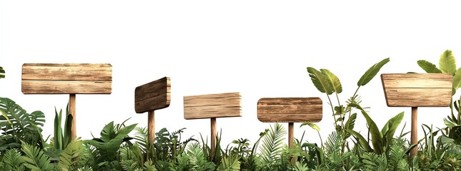 Wooden signs amidst lush green foliage, conveying a natural and rustic theme against a white background.