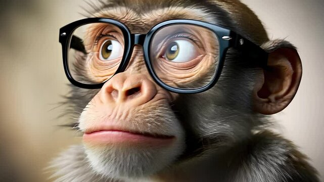 Cute Monkey Wearing Large Eyeglasses with a Thoughtful Look

