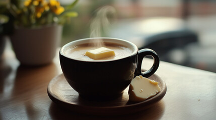 Fototapeta premium Hot Butter Coffee with Steam in Cozy Setting