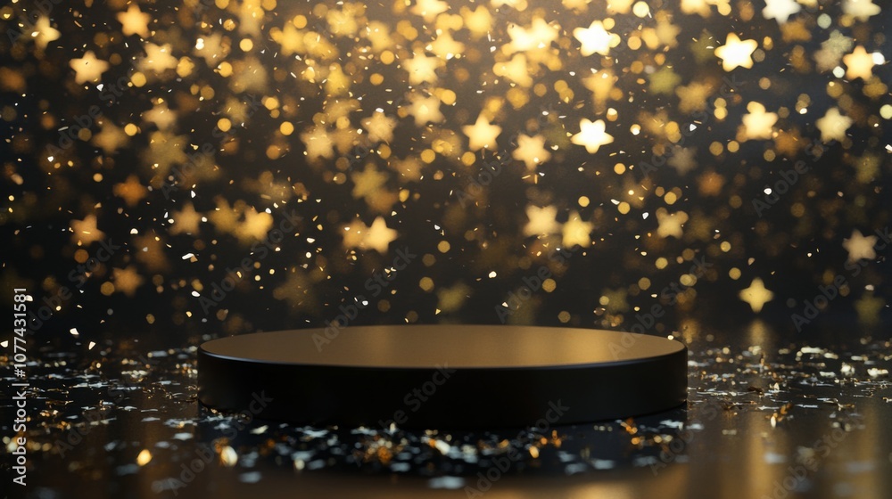 Poster An elegant stage is set against a shimmering backdrop filled with golden stars, creating a magical atmosphere perfect for a nighttime event or performance. The ambiance is captivating and festive.