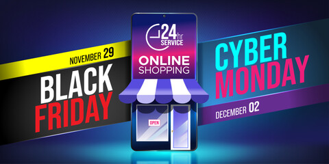 Black Friday, Cyber Monday Online shopping Sale concept banner illustration vector
