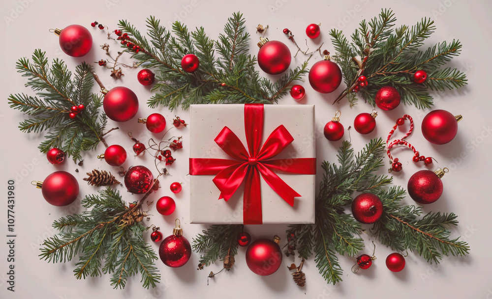 Poster White box with a red bow sits on a table with many red and green decorations