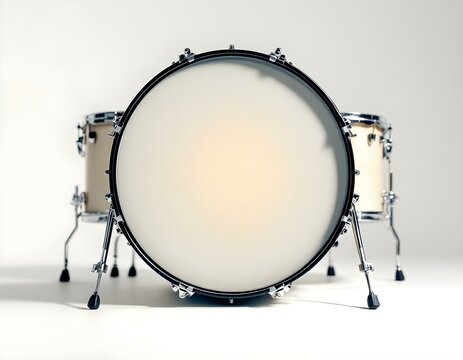 High-Resolution White Bass Drum with Chrome Accents and Pearlescent Finish on White Background – Realistic Detail of Pedals, Metal Rims, and Wood Grain Texture