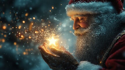  Santa Claus Blowing Magic Christmas Stars In Snowy Night , copy space 