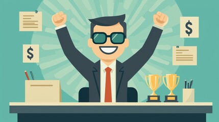 A cheerful businessman wearing sunglasses celebrates success at his desk, surrounded by trophies and financial documents.