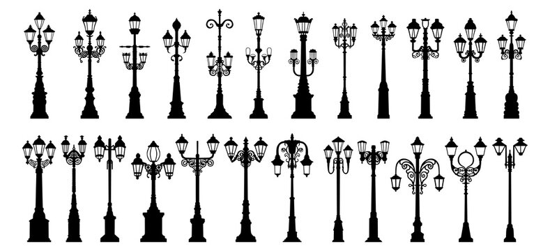 A collection of vintage-style street lamp silhouettes in various ornate designs.	