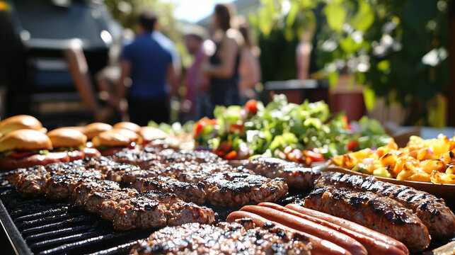 Outdoor Barbecue with Burgers and Hot Dogs on the Grill