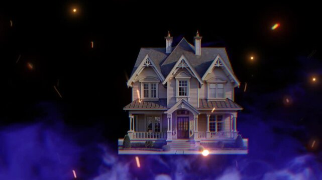 house in the night animation with motion graphic clip template with smoke and fire spark. HD resolution with hyper realistic 4K Background.