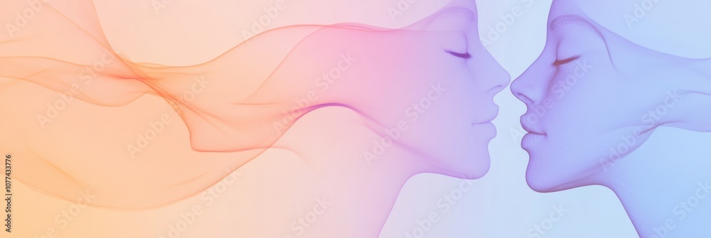 Aufkleber two abstract silhouettes of faces blend seamlessly in pastel shades, illustrating the deep connectio