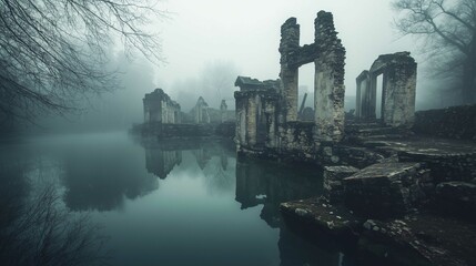 Eerie ruins of ancient stone structure reflected in still water. Haunting and mysterious atmosphere in misty blue tones.
