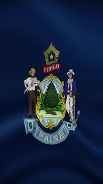 Maine State Waving Flag in Vertical Orientation. Realistic Flag Animation. Seamless Loop Background.