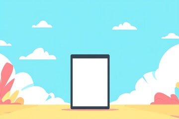 Fototapeta premium Tablet on sand with sunny sky backdrop, clouds, space for text