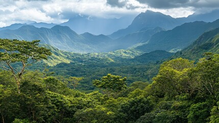Lush Green Forested Mountains Under a Cloudy Sky